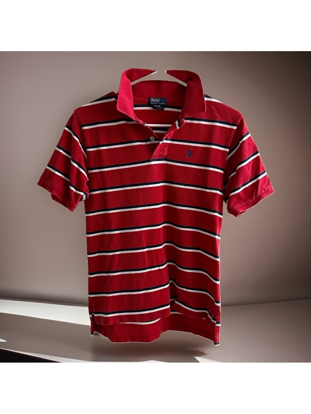 Polo Ralph Lauren Boys M 12-14 Red Striped Short Sleeve Polo Shirt Cotton
